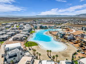 Aerial view of mountains and a pool