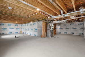 Unfinished basement with heating unit