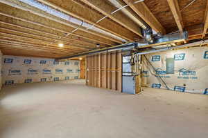 Unfinished below grade area featuring electric panel and heating unit