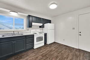 Kitchen with white appliances, light countertops, dark wood finished floors, and under cabinet range hood