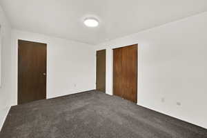 Unfurnished bedroom with carpet and a closet