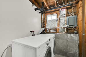 Laundry room featuring electric panel and separate washer and dryer