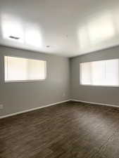 Spare room with dark wood-type flooring and healthy amount of natural light
