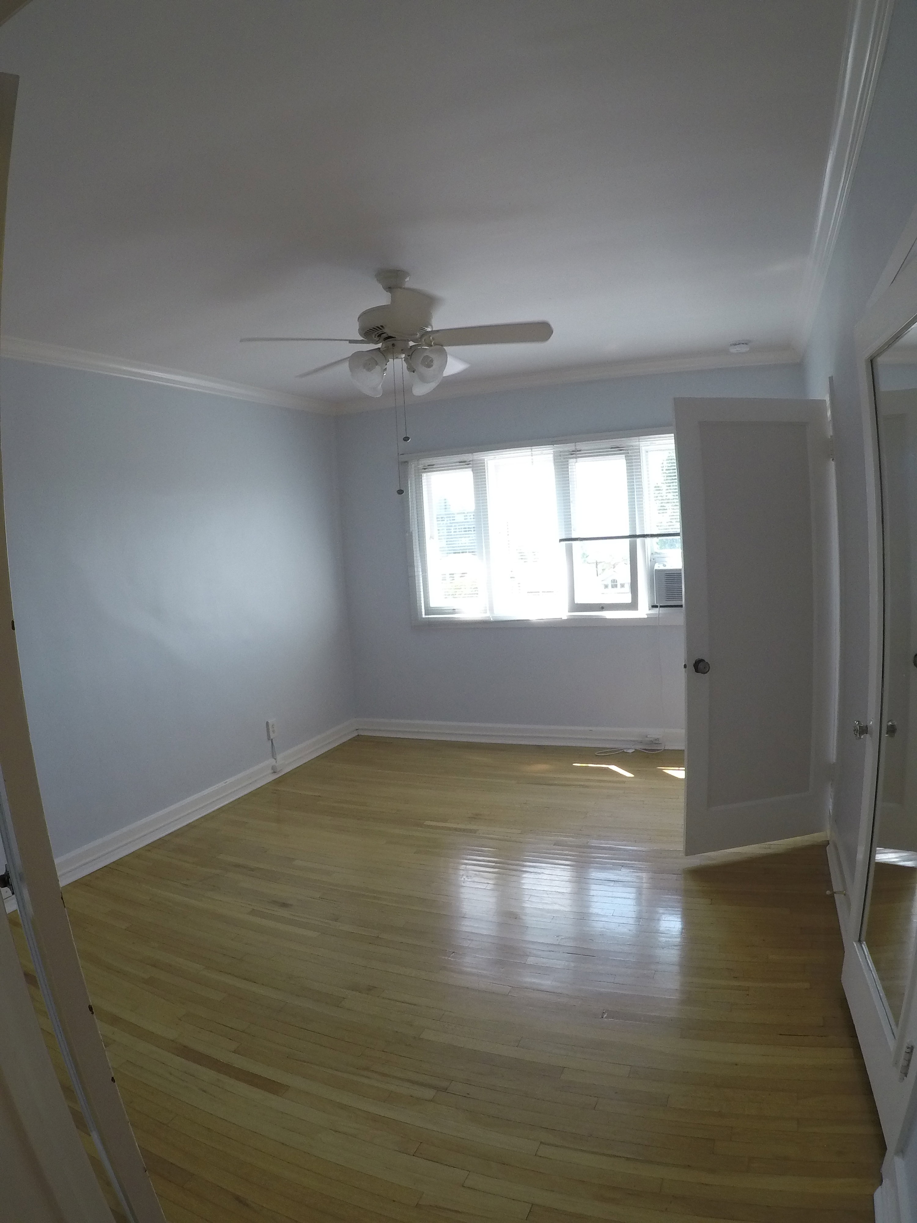Apt # 15 > Unfurnished room with ornamental molding, light wood finished floors, and a ceiling fan