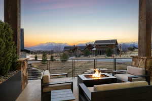 View of patio / terrace featuring a mountain view