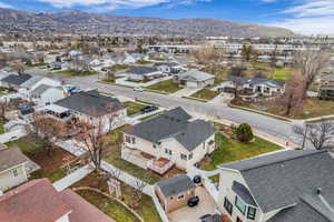 Aerial view of residential area with mountains