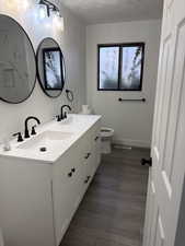 Full bathroom featuring double vanity, a textured ceiling, and dark wood-type flooring
