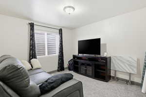 Carpeted living area with baseboards and a textured ceiling