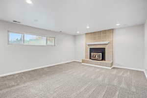 Spacious Basement Family Room with Fireplace and Can Lights
