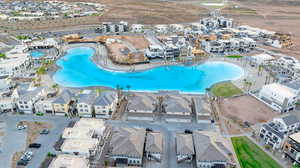 Aerial overview of property's location featuring nearby suburban area