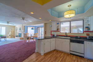Kitchen with a peninsula, open floor plan, white cabinets, dishwasher, and plenty of natural light