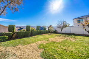 Fenced backyard with a residential view