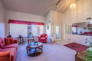 Living area with rail lighting, high vaulted ceiling, carpet floors, a textured ceiling, and a chandelier