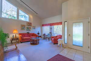 Tiled living area featuring rail lighting, carpet, high vaulted ceiling, and a textured ceiling
