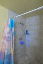 tiled shower in 3/4 bathroom on main level