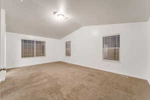 Spare room with vaulted ceiling and light carpet