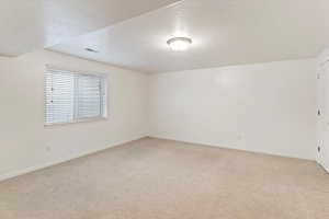 Unfurnished room featuring a textured ceiling and light colored carpet