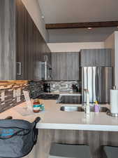 Kitchen featuring modern cabinets, stainless steel appliances, dark brown cabinets, and backsplash