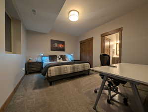 Bedroom featuring carpet floors, a closet, a desk, and connected bathroom