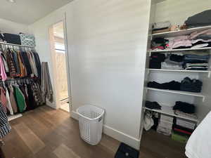 Spacious closet with dark wood finished floors