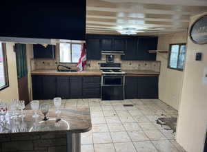 Kitchen with freestanding range oven, dark cabinets, decorative backsplash, and light tile patterned floors