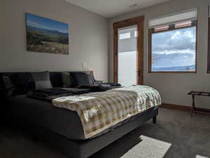 Bedroom with access to exterior and carpet