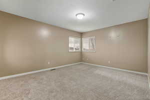 Unfurnished room with a textured ceiling and carpet flooring