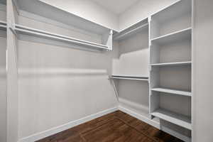 Walk in closet featuring dark wood-style flooring