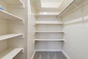 Walk in closet featuring light colored carpet