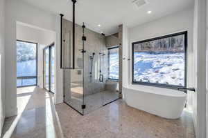 Bathroom featuring a soaking tub, a marble finish shower, healthy amount of natural light, and recessed lighting
