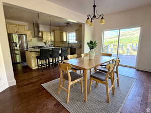 Dining room featuring a chandelier and dark wood-style flooring