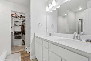 Full bath featuring double vanity, a walk in closet, and dark wood-type flooring