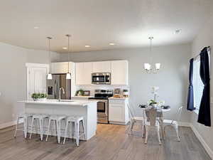 Kitchen with stainless steel appliances, white cabinetry, a kitchen breakfast bar, tasteful backsplash, and a center island with sink