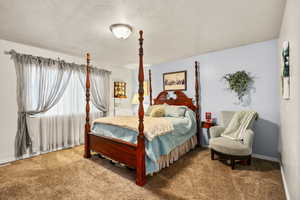 Primary Bedroom with a textured ceiling and carpet