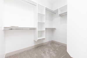 Spacious closet featuring light colored carpet