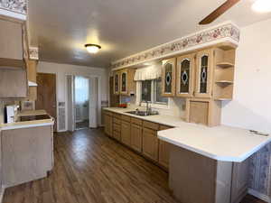 Kitchen with glass insert cabinets, a peninsula, light countertops, dark wood-style floors, and stove