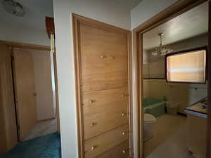 Bathroom with a bath and a chandelier
