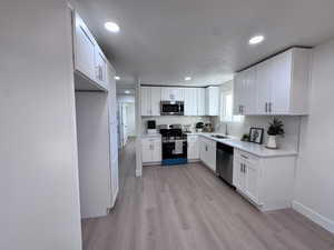 Kitchen with white cabinetry, stainless steel appliances, light wood finished floors, recessed lighting, and backsplash