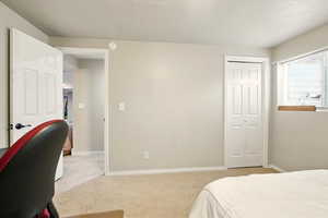 Carpeted bedroom with baseboards and a closet