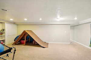 Rec room featuring light carpet, recessed lighting, crown molding, and a textured ceiling