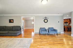 Living area with light wood-style floors and crown molding
