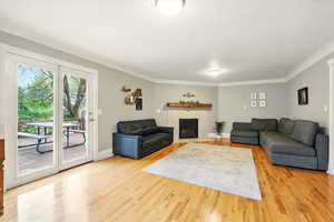 Living room with light wood-style floors, a fireplace, and crown molding
