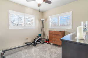 Workout room with light colored carpet and ceiling fan