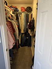 Spacious closet with dark carpet