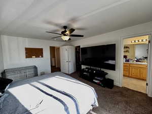 Bedroom featuring carpet flooring, ensuite bathroom, a ceiling fan, and a spacious closet