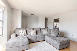 Living room with baseboards and light wood-style flooring