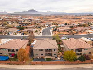 Aerial view of residential area with mountains
