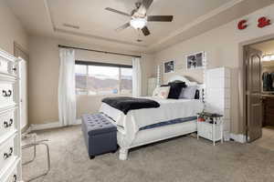 Bedroom with a tray ceiling, light carpet, ceiling fan, and a textured ceiling