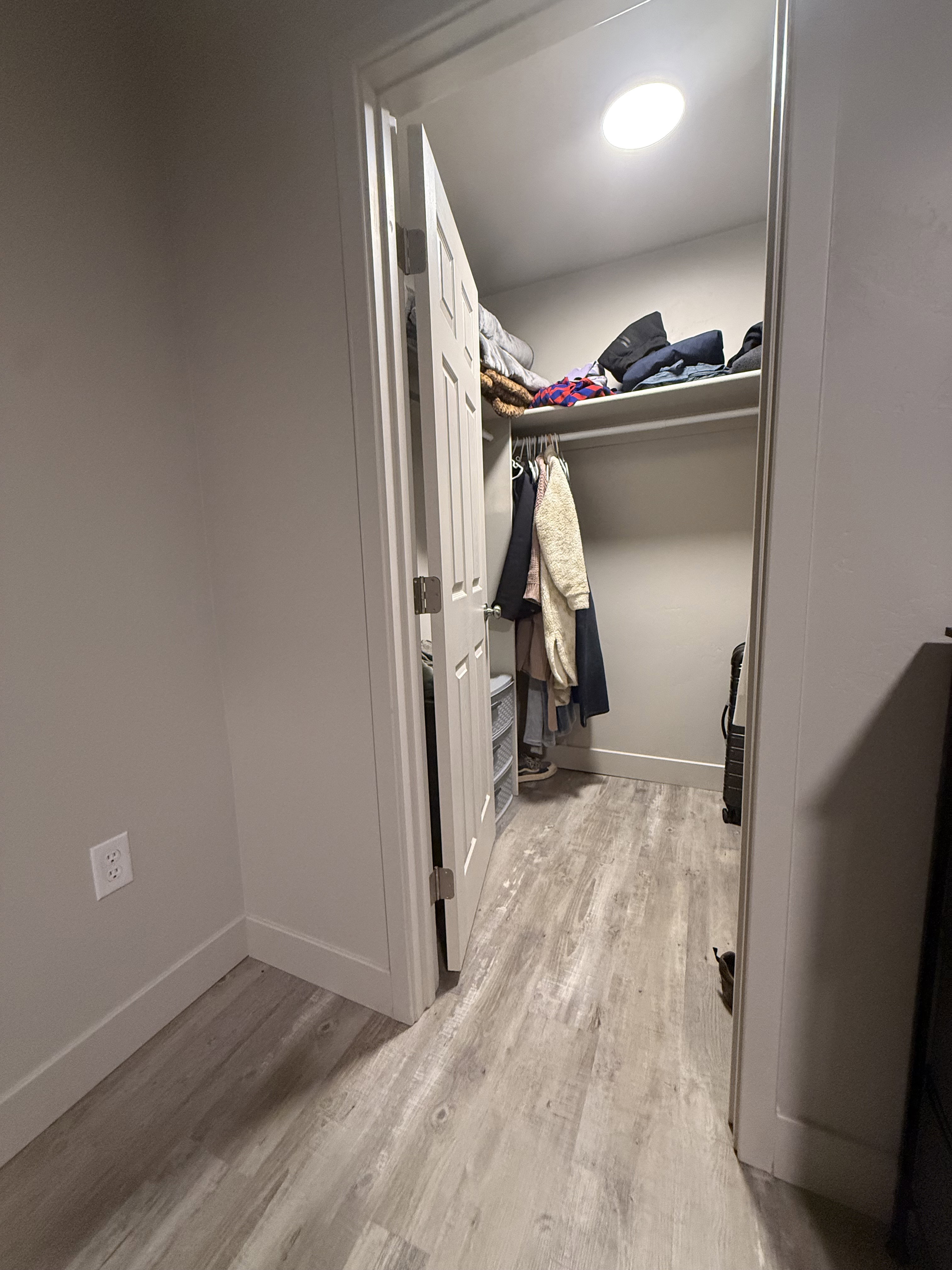 Walk in closet with light wood finished floors