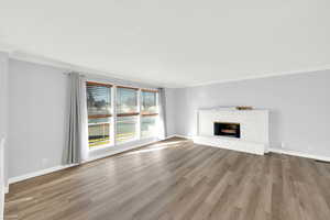 Unfurnished living room featuring ornamental molding, a fireplace, and light wood-style flooring
